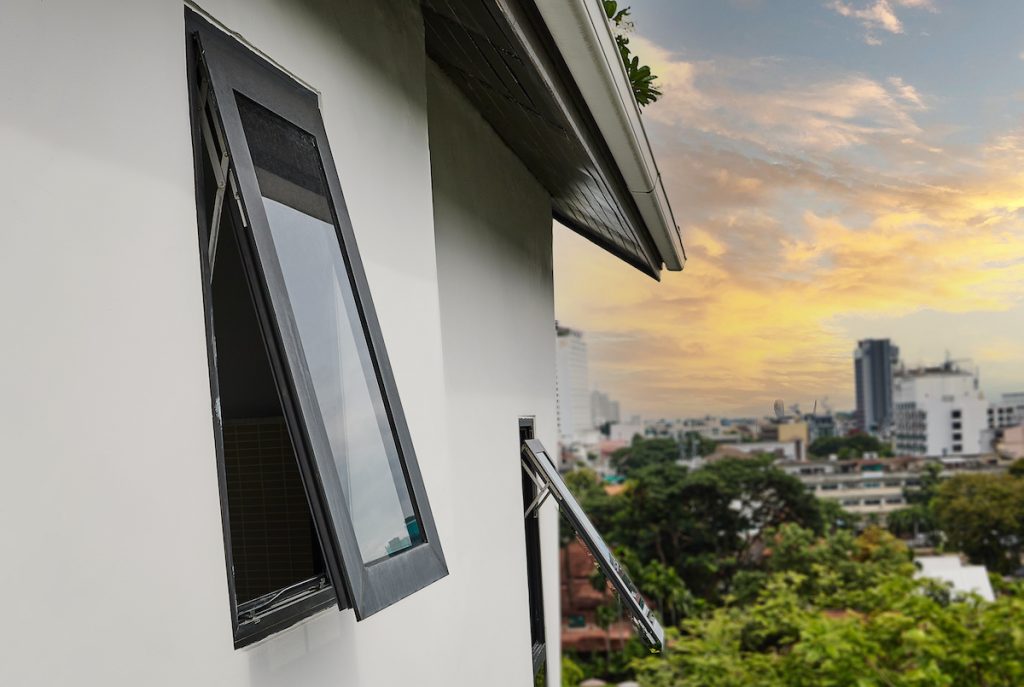 Black frame aluminium windows of building